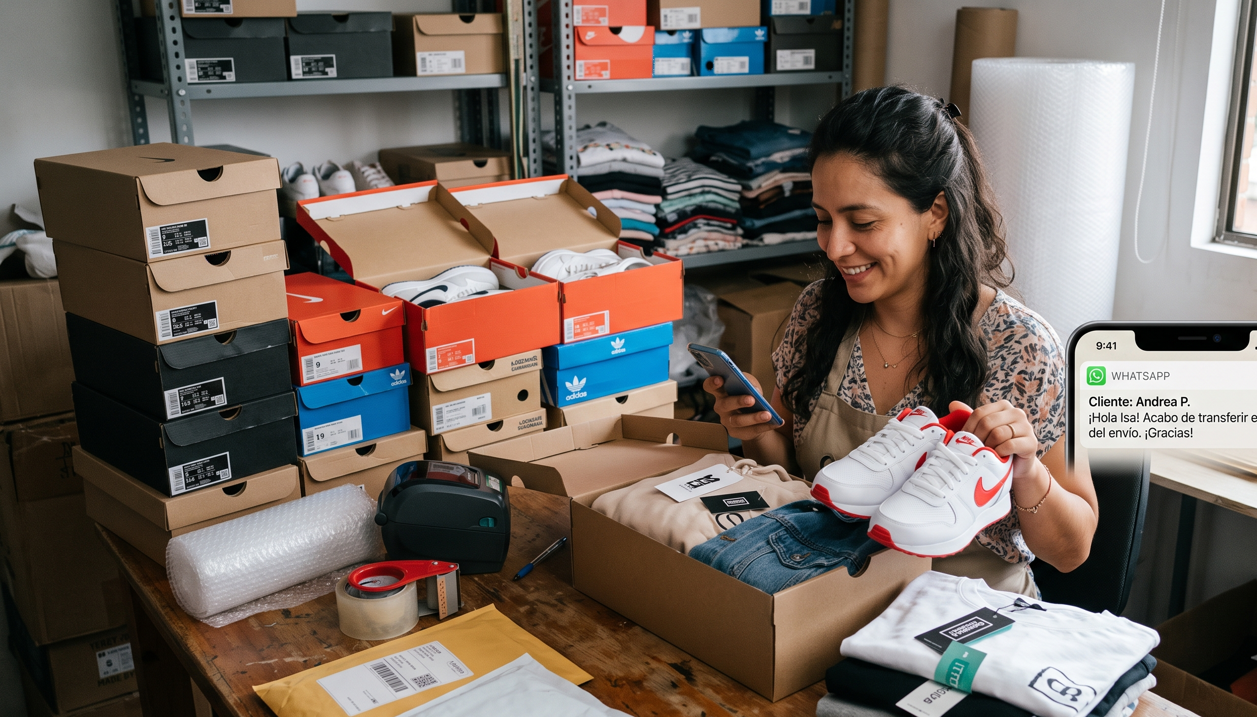 Dueña de tienda empacando un pedido de tenis y ropa mientras revisa una notificación de WhatsApp