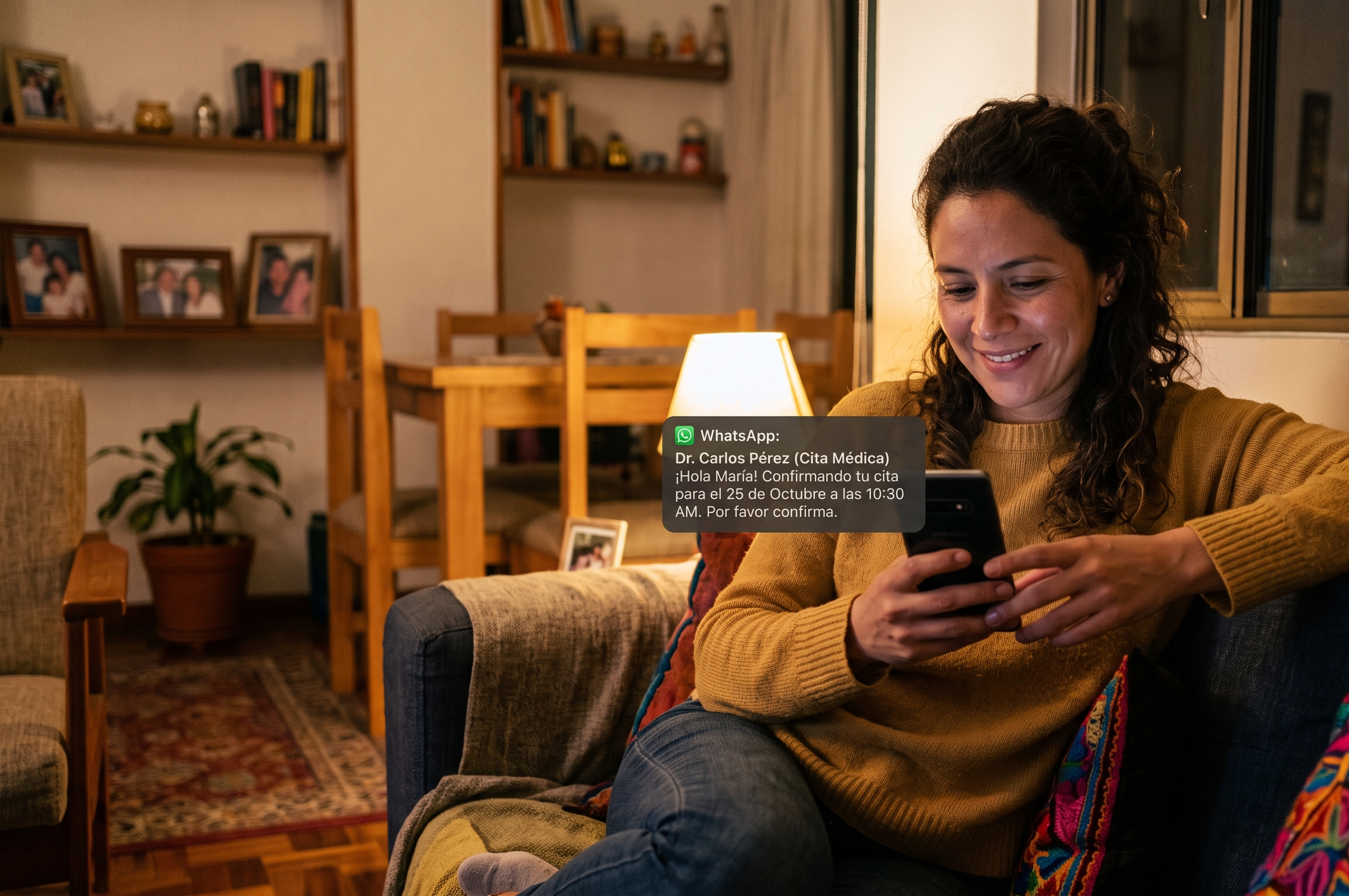 Persona sonriendo al recibir confirmación de cita por WhatsApp de noche
