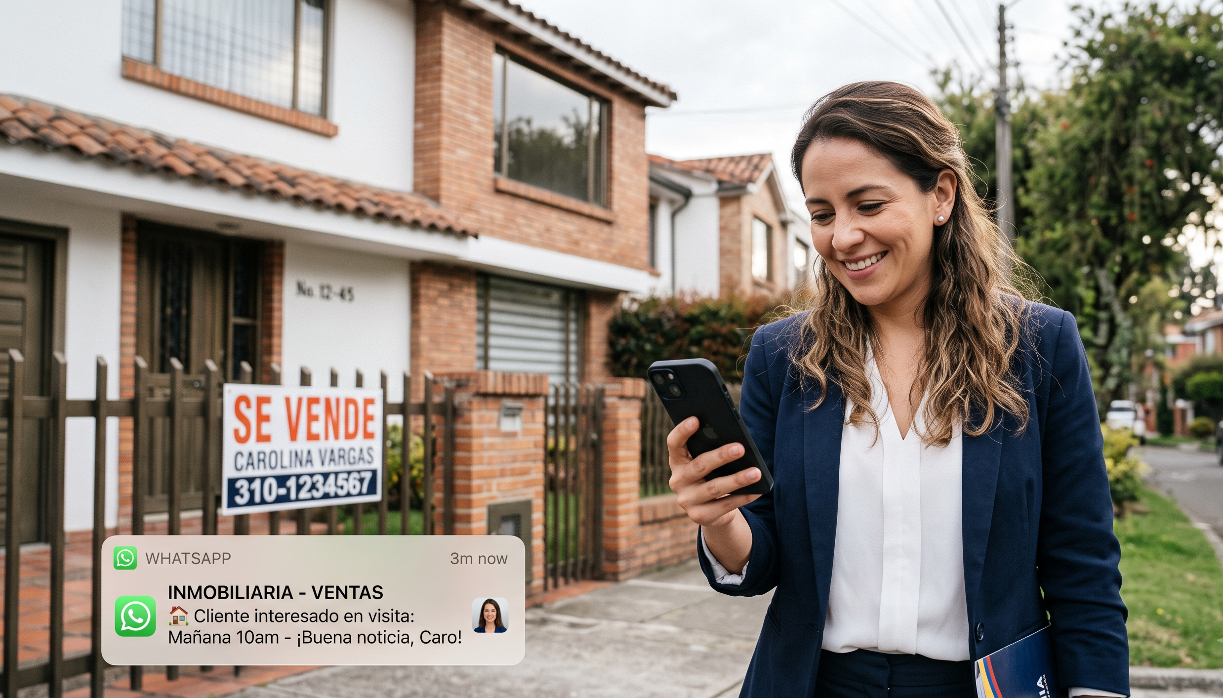 Agente inmobiliaria sonriendo al recibir un mensaje de WhatsApp de un cliente interesado en una visita