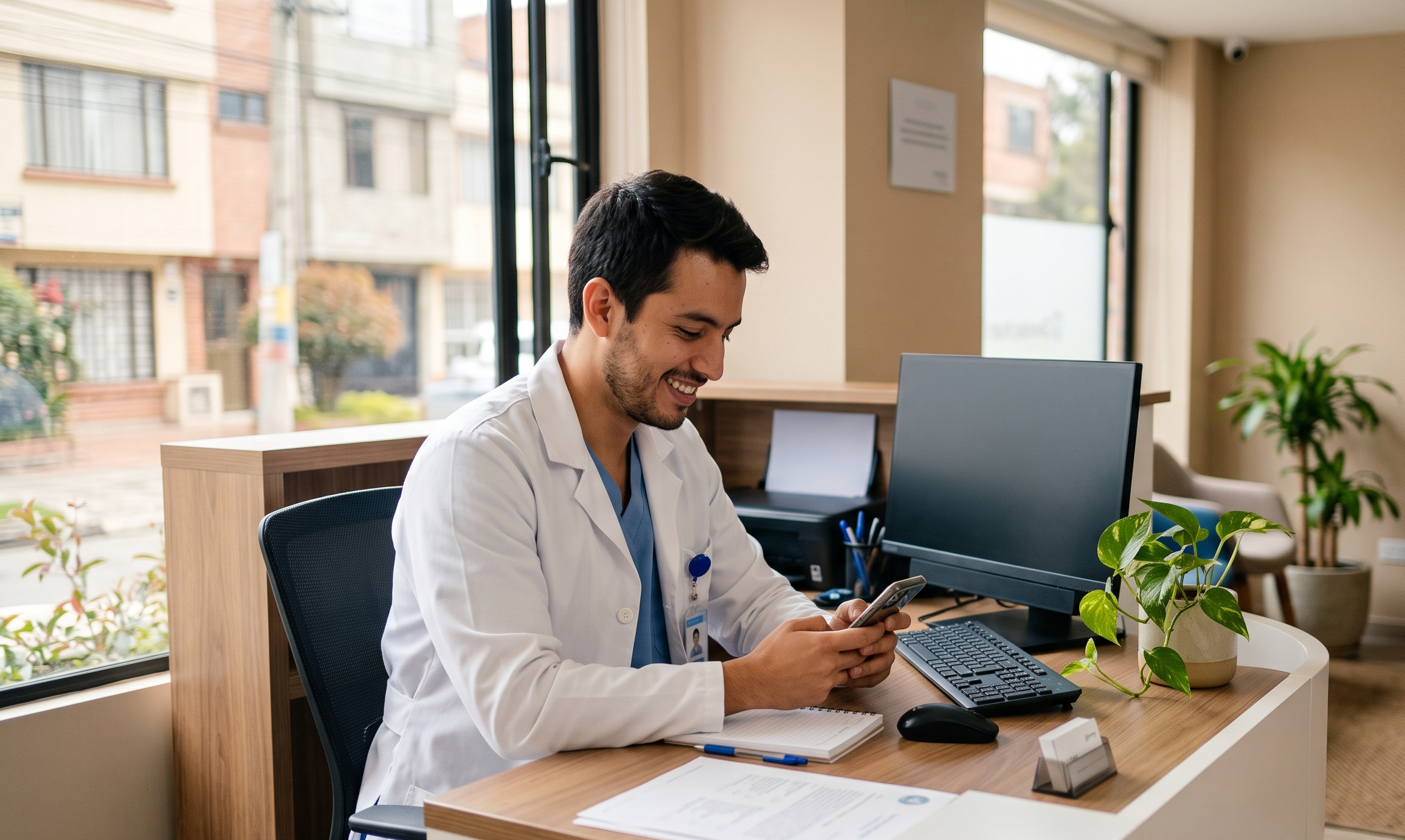 Doctor sonriendo mientras revisa mensajes de WhatsApp en la recepción de su consultorio